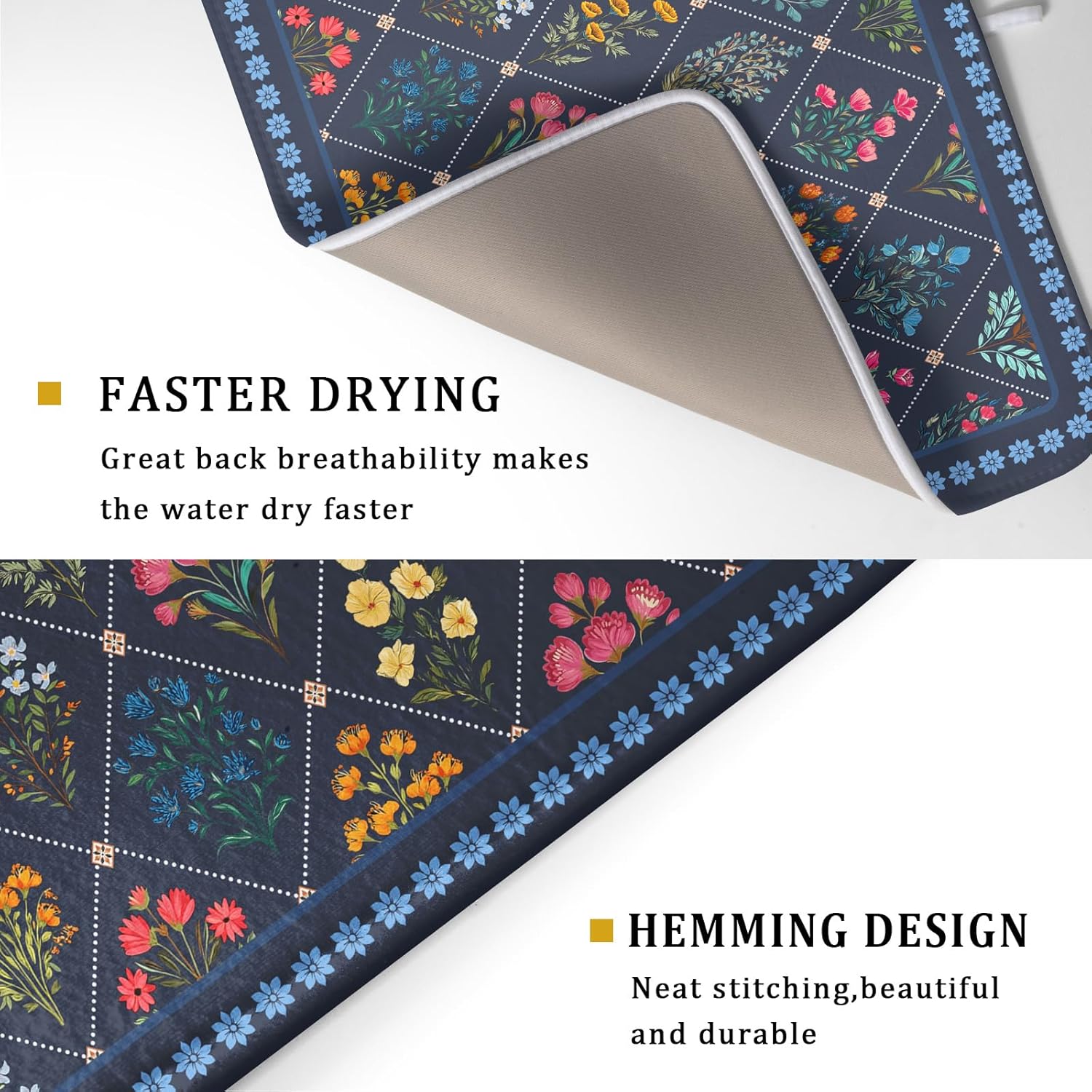 Lapis Blue Dish Drying Mat for Kitchen Counter Flowers Microfiber Absorbent Dish Draining Reusable Washable Large