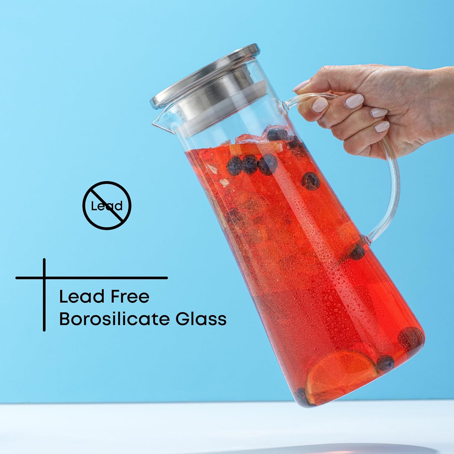 JoyJolt Glass Pitcher with Lid - 50oz Borosilicate Water Carafe, Jug with Stainless Steel Lid for Iced Tea, Lemonade, Juice, Mixed Drinks