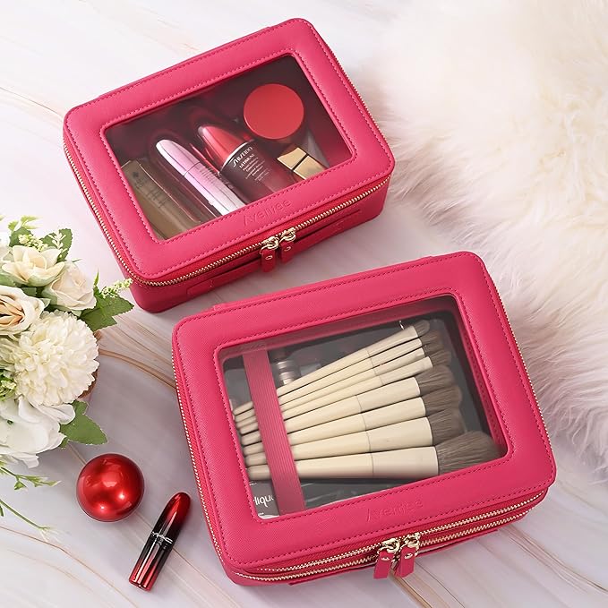 Aveniee Clear Makeup Bags, Double Layer Cosmetic Bags with a Separate Brush Compartment, Large Travel Toiletry Bag Train Case for Women, Travel Accessories Organizer(2 Layers Large, Hotpink)