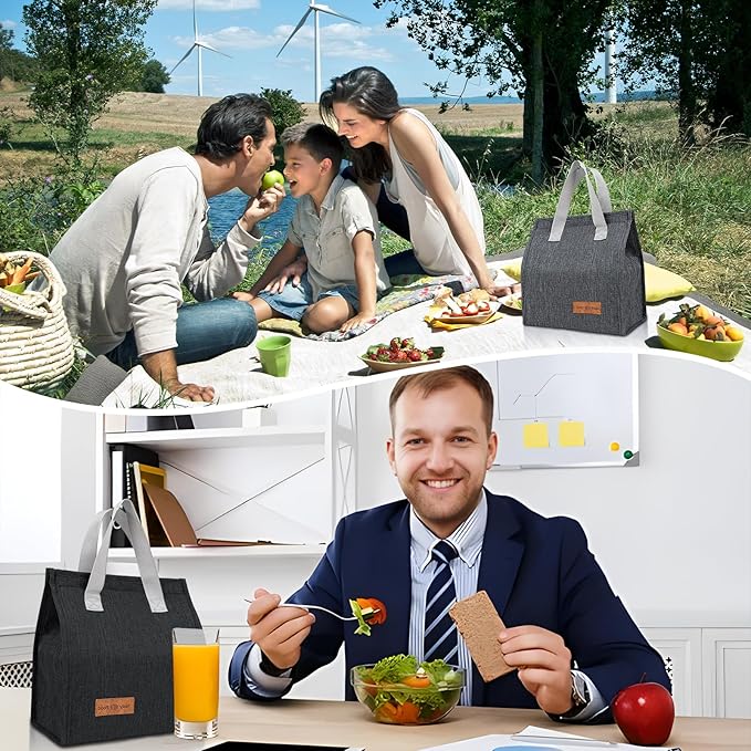 12 Pack Lunch Bags Bulk,Insulated Reusable Lunch Bags with Aluminum for Women Men,Leakproof Tote Large Lunch Box for Office,Work,Beach or Travel,Black