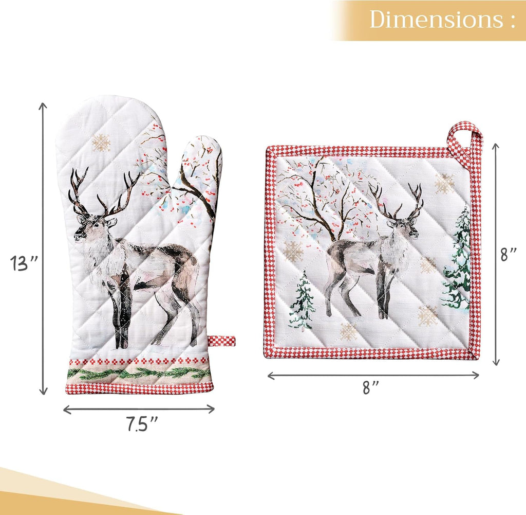 Maison d' Hermine 100% Cotton Oven Mitt & Pot Holder Set (7.5"x13" & 8"x8") Heat Resistant BBQ Cooking Gloves with Loop, Baking, Grilling, Kitchen, Handling Hot Pans (Rural Christmas)