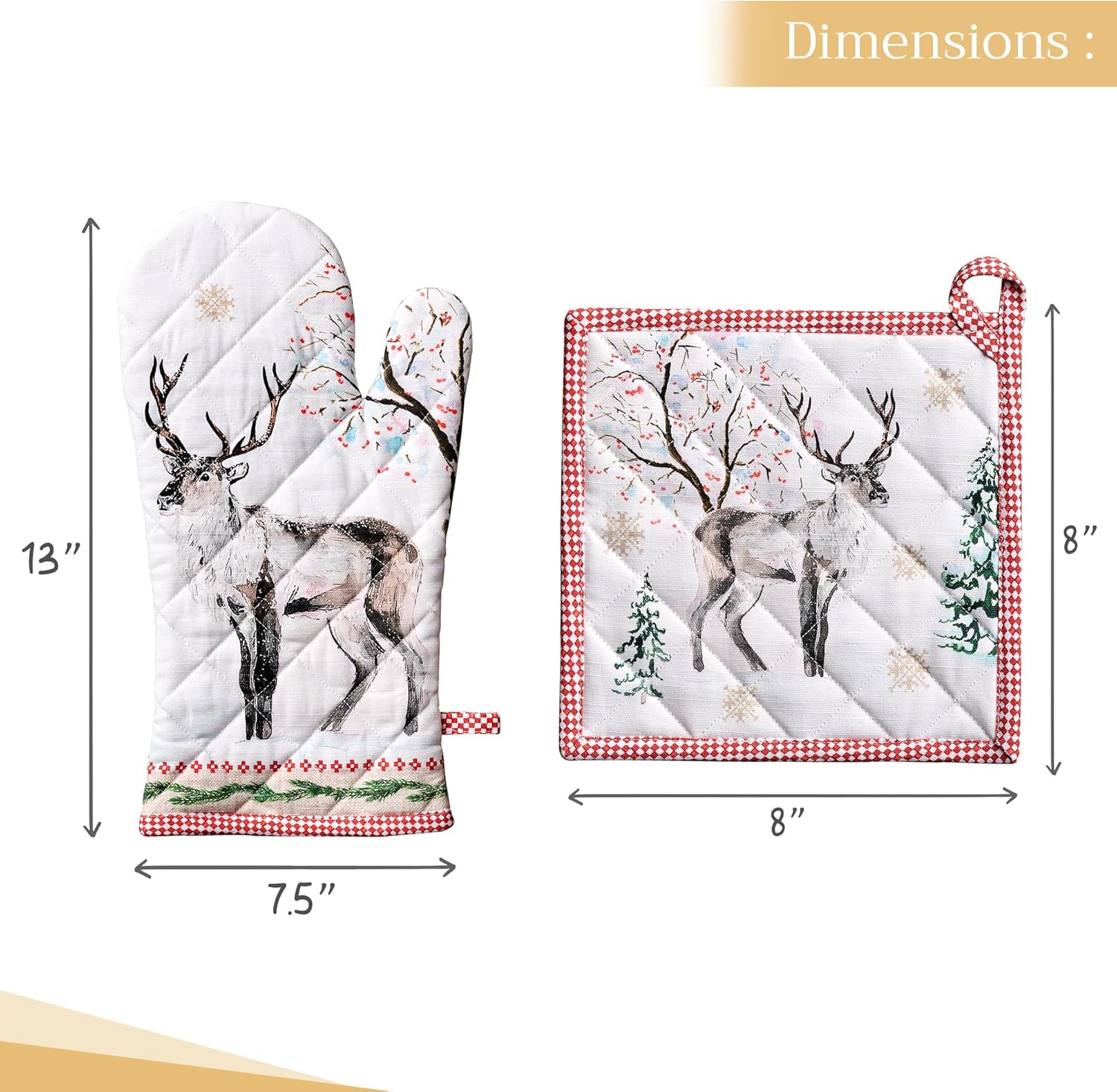 Maison d' Hermine 100% Cotton Oven Mitt & Pot Holder Set (7.5"x13" & 8"x8") Heat Resistant BBQ Cooking Gloves with Loop, Baking, Grilling, Kitchen, Handling Hot Pans (Rural Christmas)