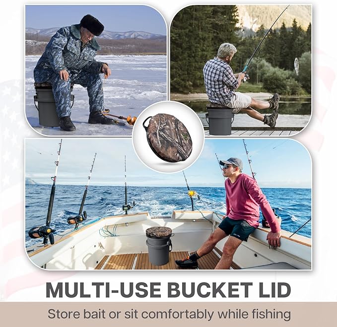 5 Gallon Bucket Seat for Yeti Bucket Only, Swivel Bucket Lid with Padded Top for Cozy Sitting, Bucket Seat Cushion for Outdoor Fishing,Hunting,Gardening, Baseball Training, Camo Leaves