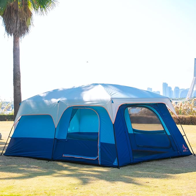 KTT Extra Large Tent 10-12-14 Person(A),Family Cabin Tents,2 Rooms,3 Doors and 3 Windows with Mesh,Straight Wall,Waterproof,Double Layer,Big Tent for Outdoor,Picnic,Camping,Family Gathering