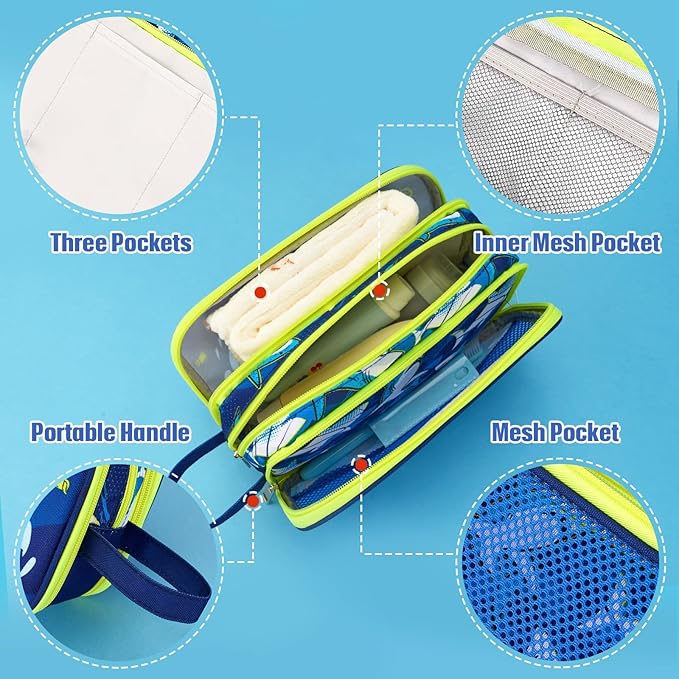 WAWSAM Shark Toiletry Bag - Kids Toiletry Bag for Boys Christmas Birthday Gift Camping Travel Toiletry Case Toiletries Makeup Cosmetic Pouch Pink Water-resistant Wash Bag Dopp Kit with Mesh Pocket