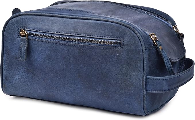 LEATHER VILLAGE Premium Leather Toiletry Travel Pouch With Waterproof Lining - Blue | King-Size Handcrafted Vintage Dopp Kit Bag