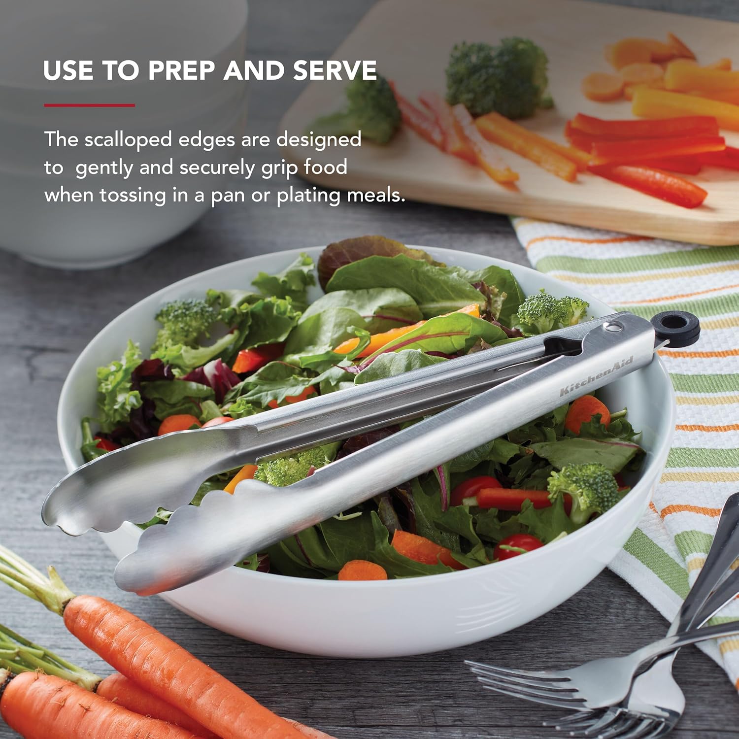 KitchenAid Set of 2 Stainless Steel Tongs with Scalloped Edges Easy Lock Dishwasher Safe Durable and Versatile 7 Inch and 9 Inch Silver