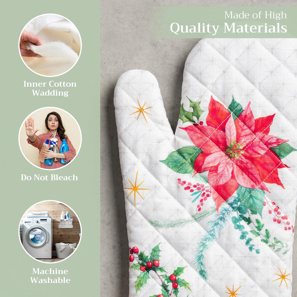 Maison d' Hermine Oven Gloves 100% Cotton Oven Mitt 7" x 13" with Loop Heat Resistant, BBQ, Cooking Gloves, Baking, Grilling, Kitchen, Handling Hot Pans (Pack of 1, Poinsettia Christmas)