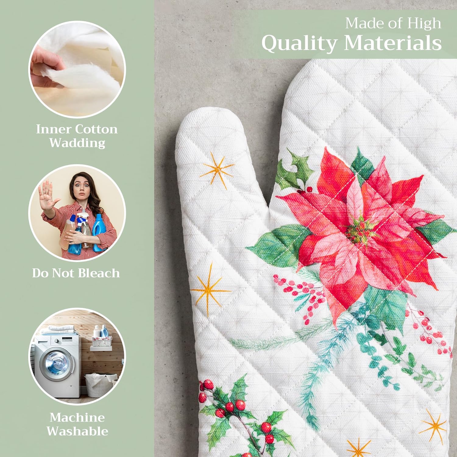 Maison d' Hermine Oven Gloves 100% Cotton Oven Mitt 7" x 13" with Loop Heat Resistant, BBQ, Cooking Gloves, Baking, Grilling, Kitchen, Handling Hot Pans (Pack of 1, Poinsettia Christmas)
