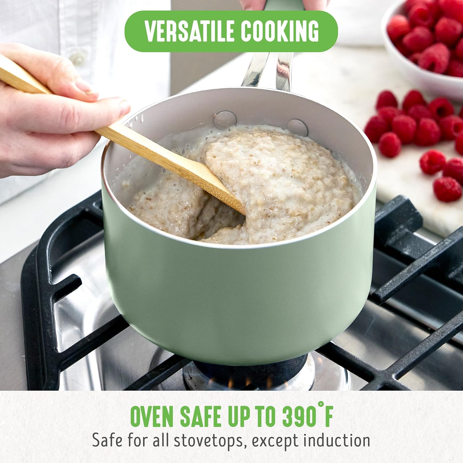 GreenLife 2 Quart Nonstick Saucepan with Lid, Lightweight Healthy PFAS-Free Milk Pan, Dishwasher & Oven Safe Soup Pan, Durable Body, Silicone Stay-Cool Handle, Easy Release Chef’s Pan, Sage Green