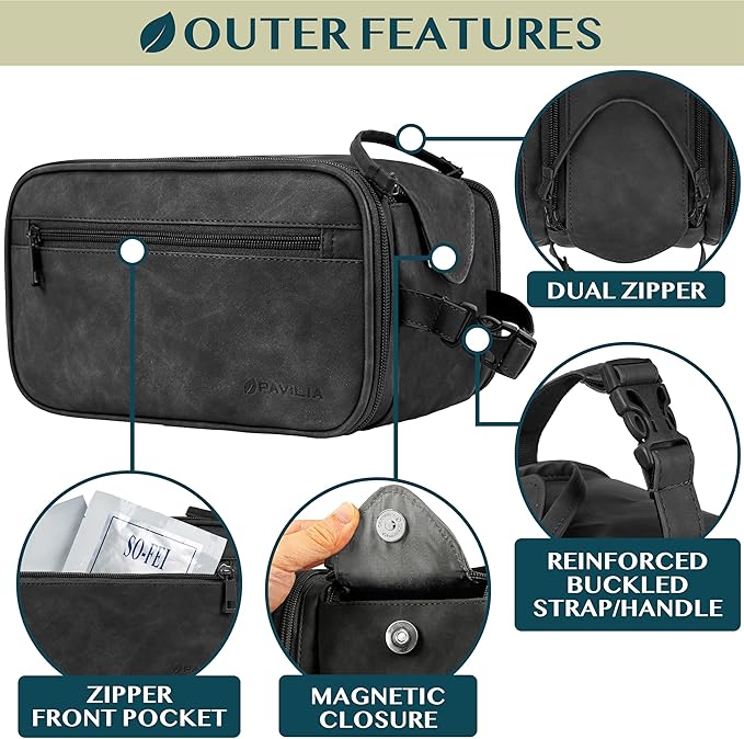 PAVILIA Toiletry Bag for Men Women, Mens Travel Bag Toiletries Organizer Case for Grooming, Travel Essentials Shaving Dopp Kit, PU Leather Water Resistant Cosmetic Pouch, Black