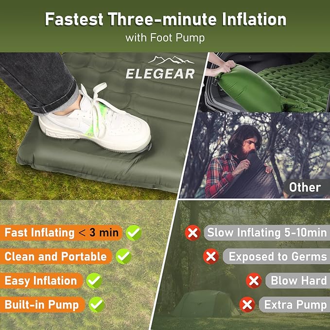 Elegear Double Sleeping Pad for Camping, 4" Ultra-Thick Self Inflating Camping Pad 2 Person with Pillow Built-in Foot Pump, Portable Camping Sleeping Mat for Backpacking, Hiking, Tent(Army Green Full)