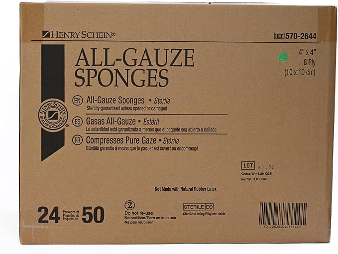 Premium 100% Cotton All-Gauze Sponge 4x4 8 Ply Sterile Square for Wound Care & Home First Aid Kits - 50/Box
