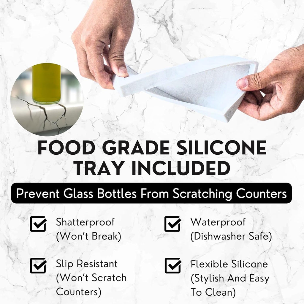 Olive Oil Dispenser For Kitchen With Silicone Tray & 40 Labels, Soy Sauce Dispenser, Coffee Syrup Dispenser, Olive Oil Bottles Set Of 2, Gold 500ml / 17oz