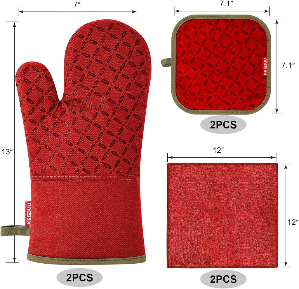 KEGOUU Oven Mitts and Pot Holders 6pcs Set, Kitchen Oven Glove High Heat Resistant 500 Degree Extra Long Oven Mitts and Potholder with Non-Slip Silicone Surface for Cooking (Red)