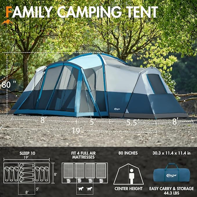 PORTAL 6/8/10 Person Family Camping Tent with Screen Room, Water Resistant Big Tunnel Tent with Rainfly, Large Family Tent for Outdoor Camping, Party