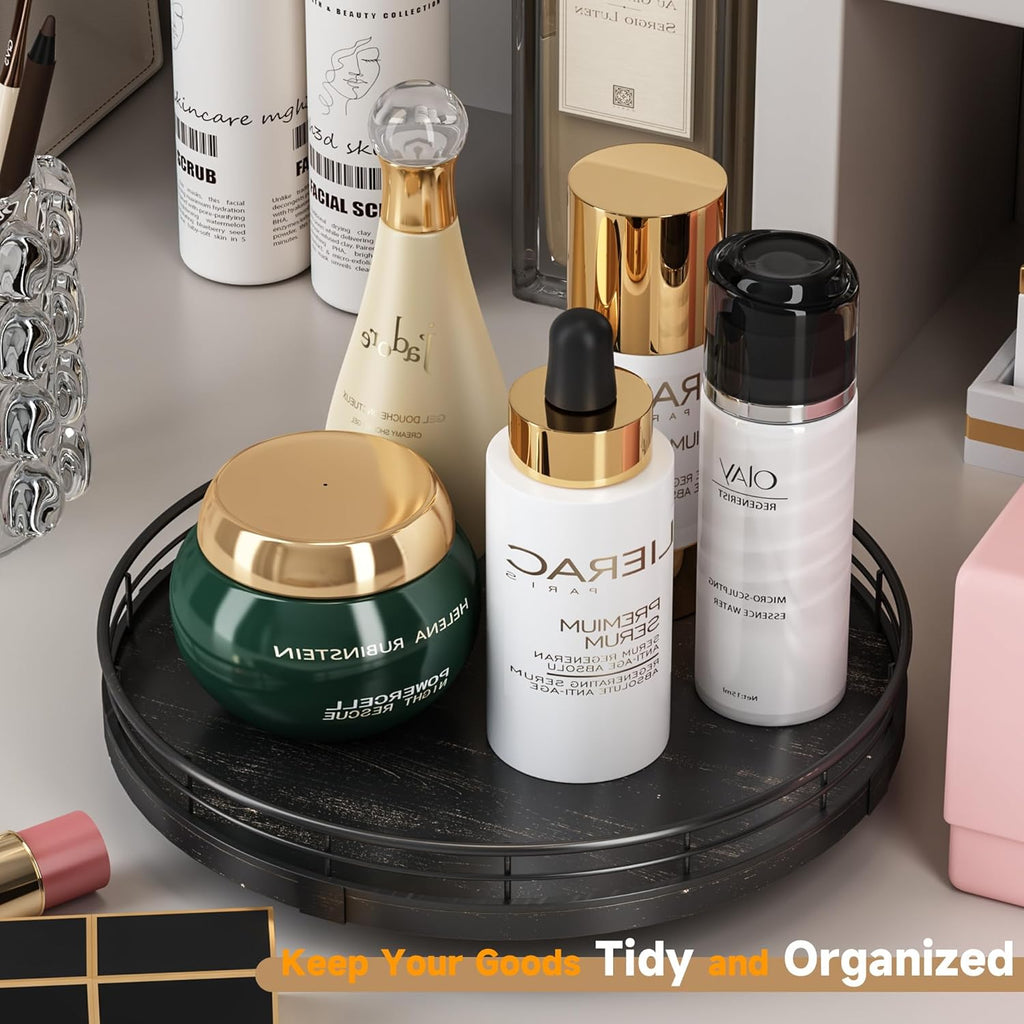 10" Oak Bathroom Vanity Tray Turntable for Perfume Candle, Round Wooden Decorative Tray for Kitchen Sink Countertop Organizer, Bathroom Counter Organizer for Skincare Makeup, Farmhouse Black Gold