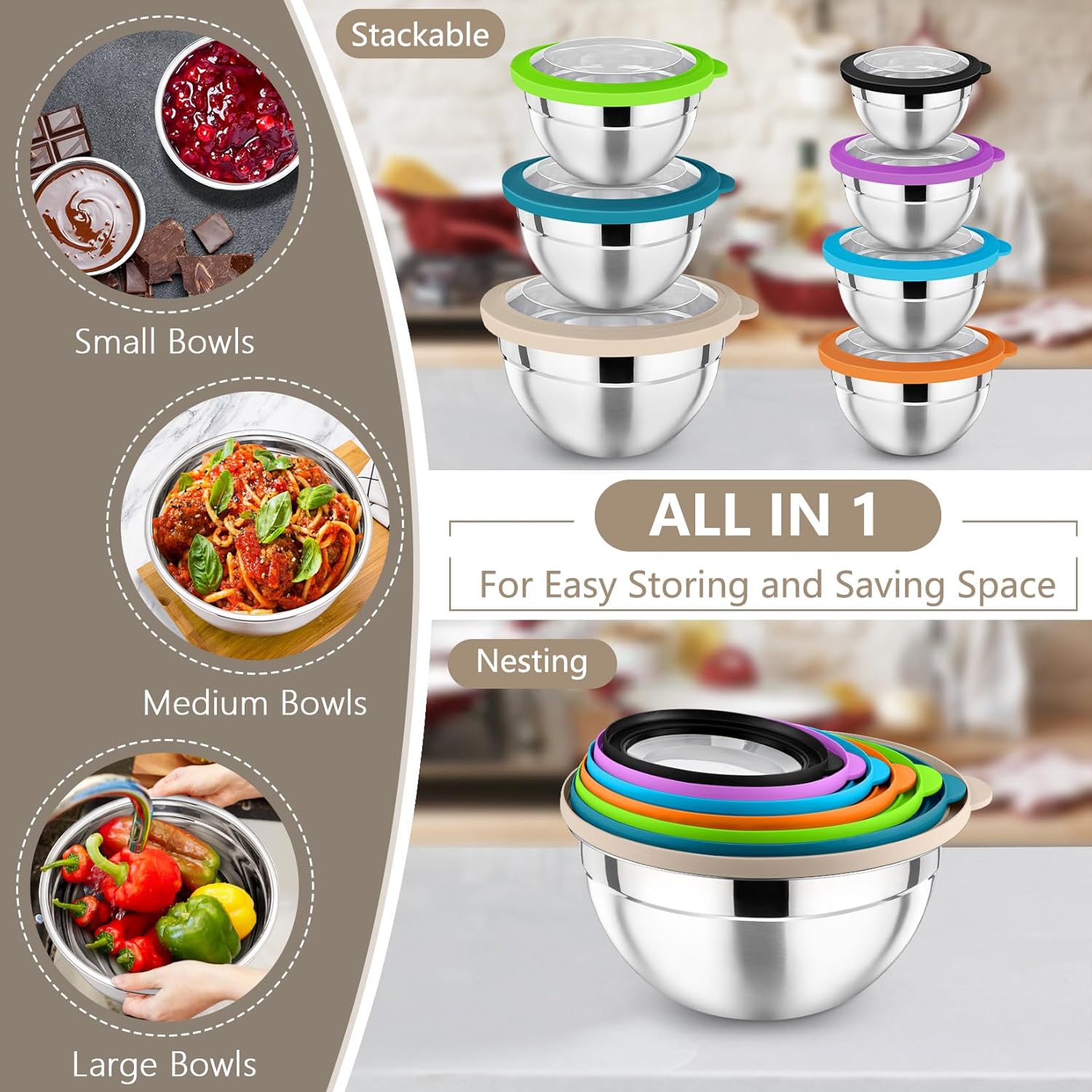 P&P CHEF Mixing Bowl with Lid Set of 7, Stainless Steel Nesting Salad Bowls for Cooking Serving Prepping, Clear Lids & Stackable Design, Size 4.6, 3.5, 3, 2, 1.5, 1, 0.7 Qt - Multicolor