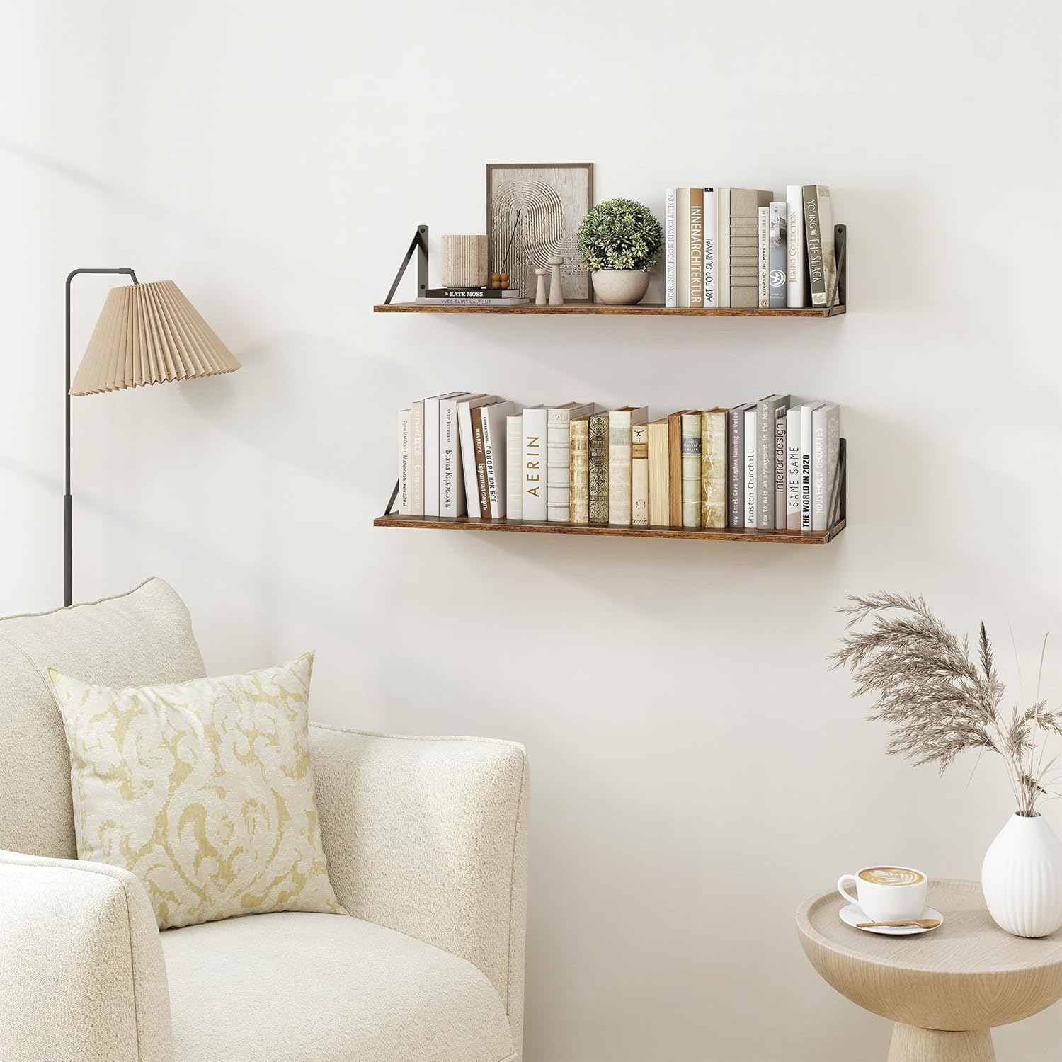 Heimlove Deep Floating Shelves for Wall, 30W x 8D Wood Wall Shelves Set of 2, Wide Floating Bookshelf for Living Room, Kitchen, Office, Bedroom and Decor Storage, with Metal Bracket - Rustic Brown