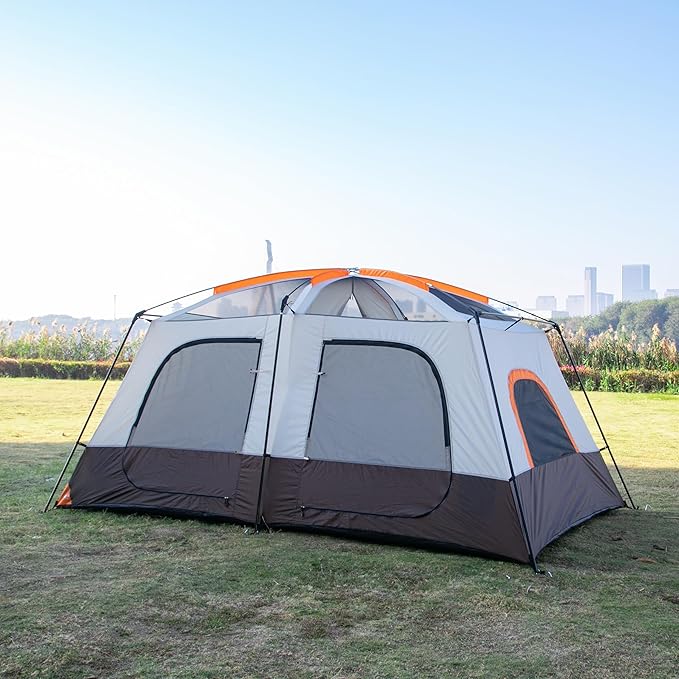 KTT Extra Large Tent 10-12-14 Person(A),Family Cabin Tents,2 Rooms,3 Doors and 3 Windows with Mesh,Straight Wall,Waterproof,Double Layer,Big Tent for Outdoor,Picnic,Camping,Family Gathering