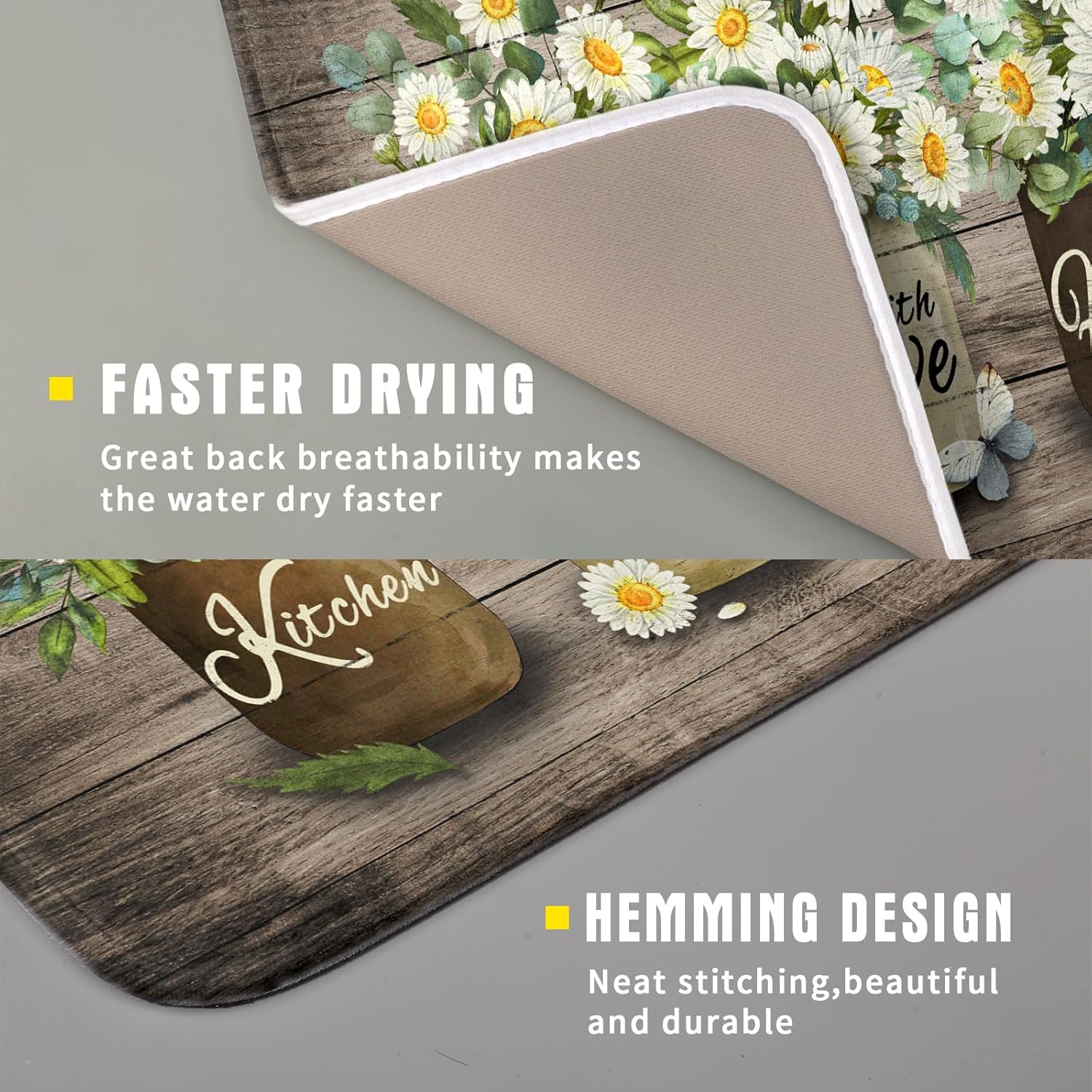 Flower Vase Dish Drying Mats 16x18 Inch Rustic Wood Reversible Microfiber Kitchen Countertop Protector Fast Dry Dish Drainer Rack Pad