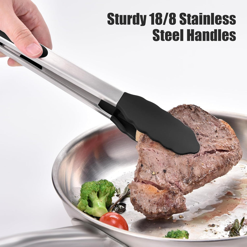 Doosu Kitchen Tongs for Cooking - 600°F Heat Resistant Food Tong Set with Non-Scratch Silicone Tips, Heavy Duty Stainless Steel Locking Tong for BBQ, Grilling Steak, Serving Salad (7+9+12in, Black)