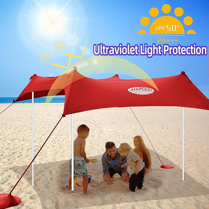 UMARDOO Family Beach Tent Canopy Sun Shade Portable, Large Compact Beach Sun Shelter Easy Setup with Packable Bag for Outdoor Travel (Red, 10X10 FT. 4Poles)