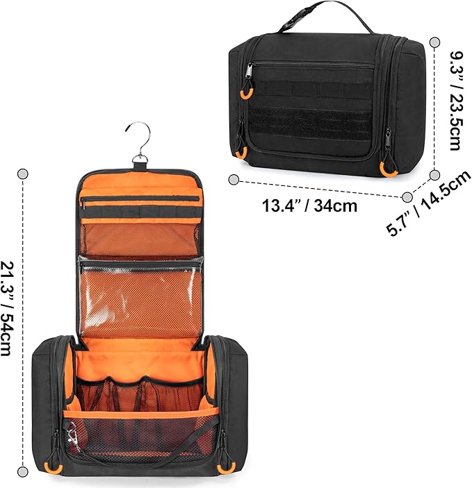 Tactical Toiletry Travel Bag for Men, Hanging Dopp Kit Hygiene Bag Shower Organizer with Hook for Toiletries and Shaving Care, Black (Empty Bag)