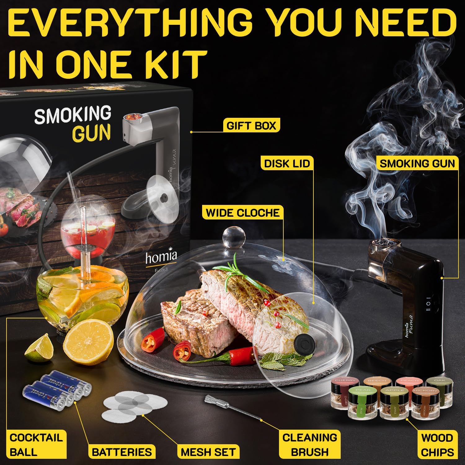 Cocktail Smoker Kit - Whiskey Smoker Kit - Smoke Infuser - Premium Kit, 14 PCS with Accessories and Wood Chips - Indoor Smoker - Gift for Men