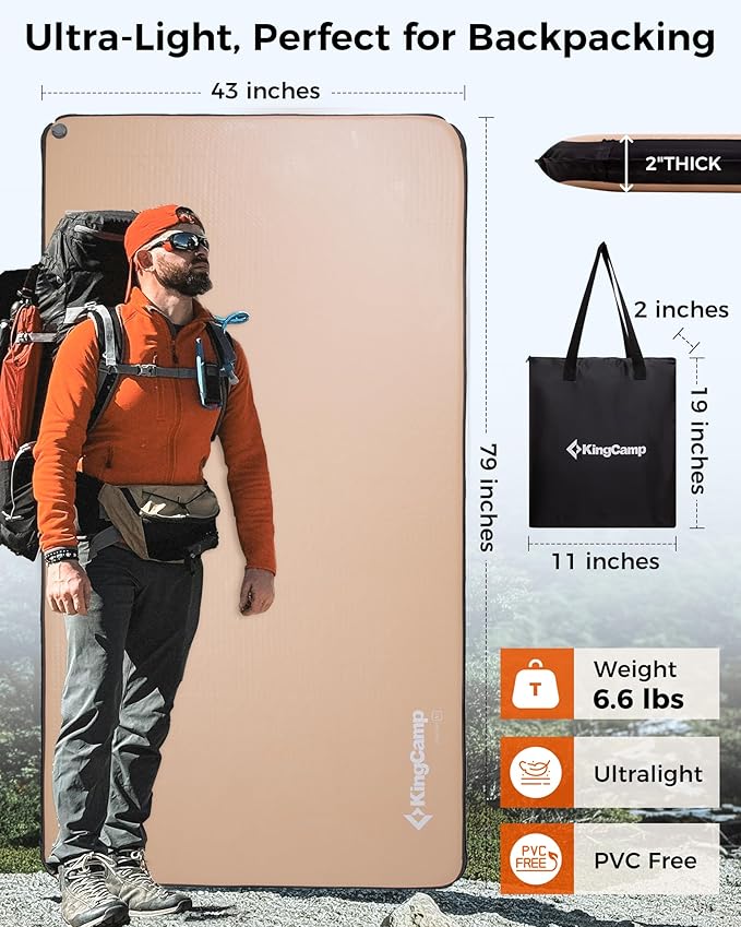 KingCamp Backpacking Sleeping Pad, Extra Wide Ultralight Inflatable Sleeping Mat for Camping Portable Noise-Free Air Mattress for Hiking, Tent, Cot & Car Travel