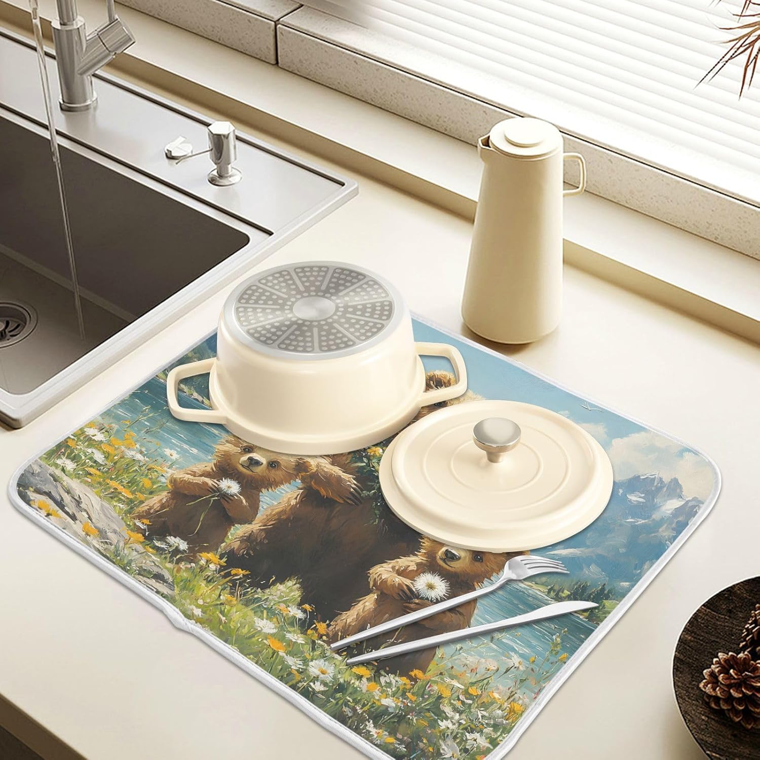 Three Bear Dish Drying Mat for Kitchen Ccounter Absorbent Microfiber Small Drying Pad Dandelion Wildflowers Dish Mats for Kitchen Countertops 16 x 18 Inch