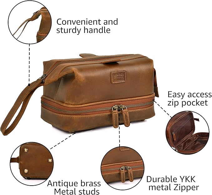 LEATHER VILLAGE Genuine Leather Dopp Kit – Large Travel Toiletry Bag with Waterproof Lining, Dual-Zip Design for Men & Women, Organizer for Shaving, Makeup & Essentials - Tan