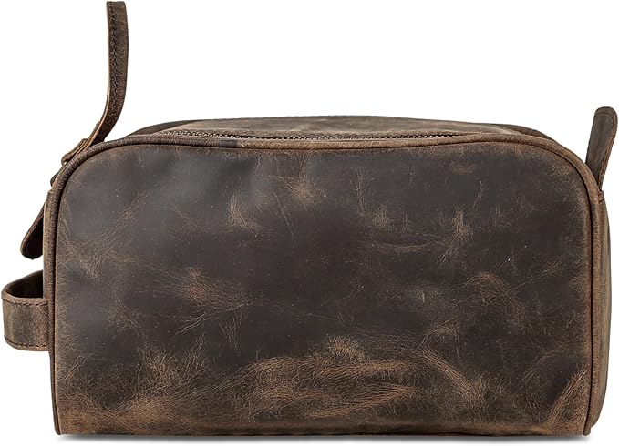 Premium Buffalo Leather Dopp Kit Toiletry Bag – Rustic Vintage Style Travel Organizer with Zipper Closure – Leather Shaving Bag for Men & Women and Spacious with Easy Carry Handle