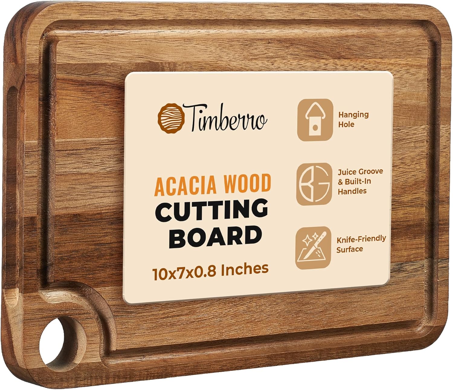 Acacia Wood Cutting Board (10x7x0.8 In.) - Small Mini Wooden Bar Steak and Cheese Chopping Boards for Kitchen with Juice Groove, Tiny Rustic Carving Breadboard for Serving Lime with Handle