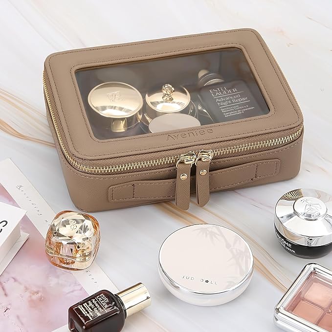 Aveniee Clear Makeup Bag for Women, Travel Cosmetic Case Toiletry Bag, Heavy Duty Makeup Organizer Car Bag for Accessories with Gold Zippers(Taupe)