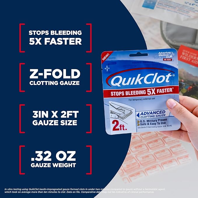 Adventure Medical Kits QuikClot Gauze - for Emergency Survival Kit, Doomsday Prepping Supplies & More - Stops Bleeding Fast with Kaolin - Flexible Hemostatic Medical Gauze - 3" x 24"