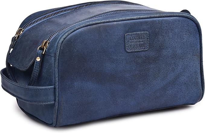 LEATHER VILLAGE Premium Leather Toiletry Travel Pouch With Waterproof Lining - Blue | King-Size Handcrafted Vintage Dopp Kit Bag
