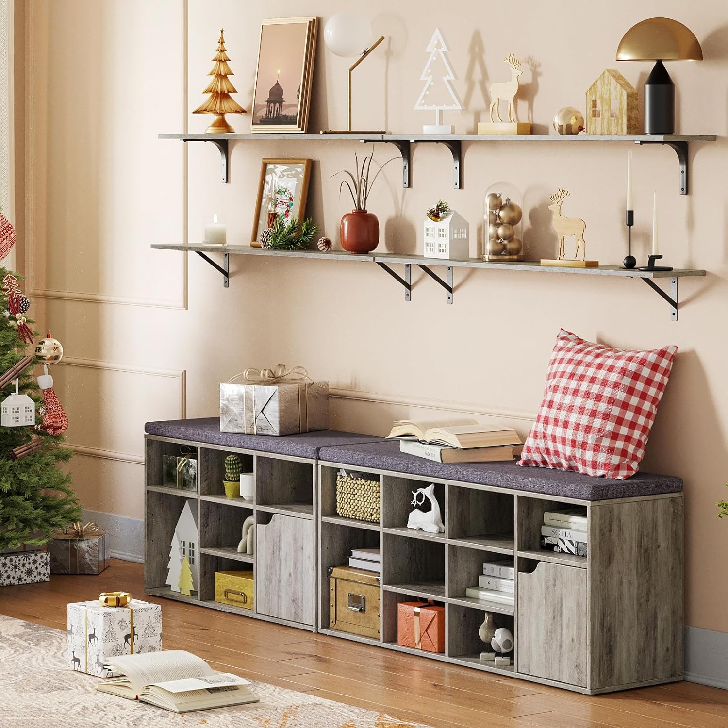 DINZI LVJ Long Wall Shelves, 55.1Inch Wall Mounted Shelves Set of 2, Extra Large Floating Storage Ledges with Sturdy Metal Brackets for Living Room, Bathroom, Bedroom, Kitchen, Gray Wash