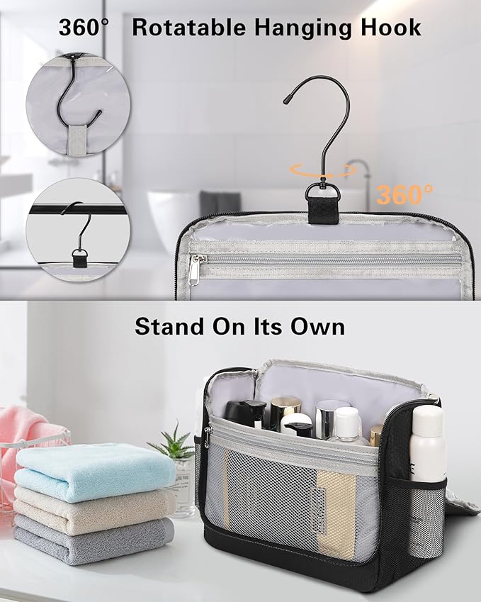Relavel Toiletry Bag for Men, Hanging Travel Makeup Bag for Women, Waterproof Large Cosmetic Organizer Multiple Compartments for Accessories, Full Sized Toiletries, Dopp Kit Shaving Bag, Black