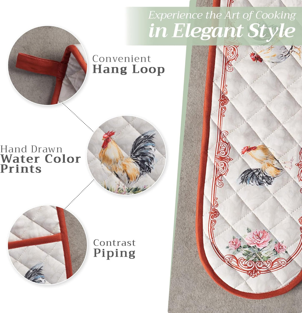 Maison d' Hermine Double Oven Mitts 100% Cotton 7"x35" Double Oven Mitt Heat Resistant BBQ Cooking Gloves with Loop, Baking, Grilling, Home, Kitchen, Handling Hot Pans Spring Summer (Campagne)