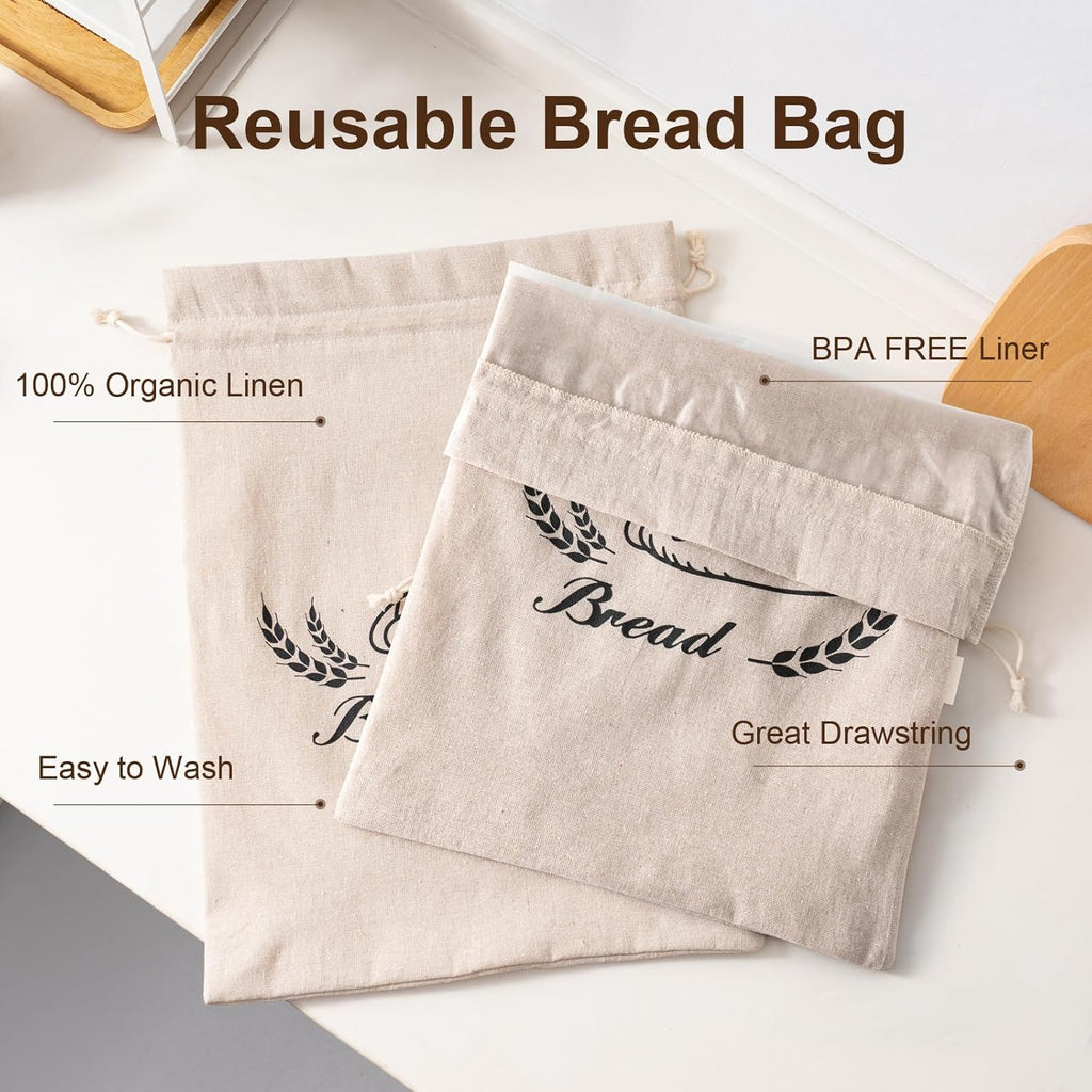 2 Pack Linen Bread Bags for Homemade Bread - Plastic Lined - Reusable Linen Sourdough Bread Storage Bags with Plastic Liner - 17" x 13"