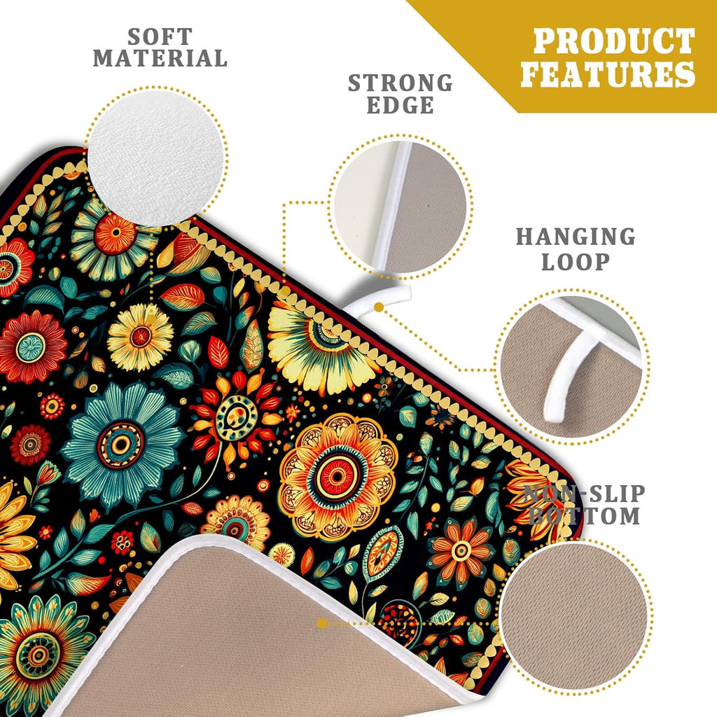 Bohemian Style Flowers Drying Pad Boho Floral Dish Drying Mat for Kitchen Counter Absorbent Microfiber Drainer Rack Mat