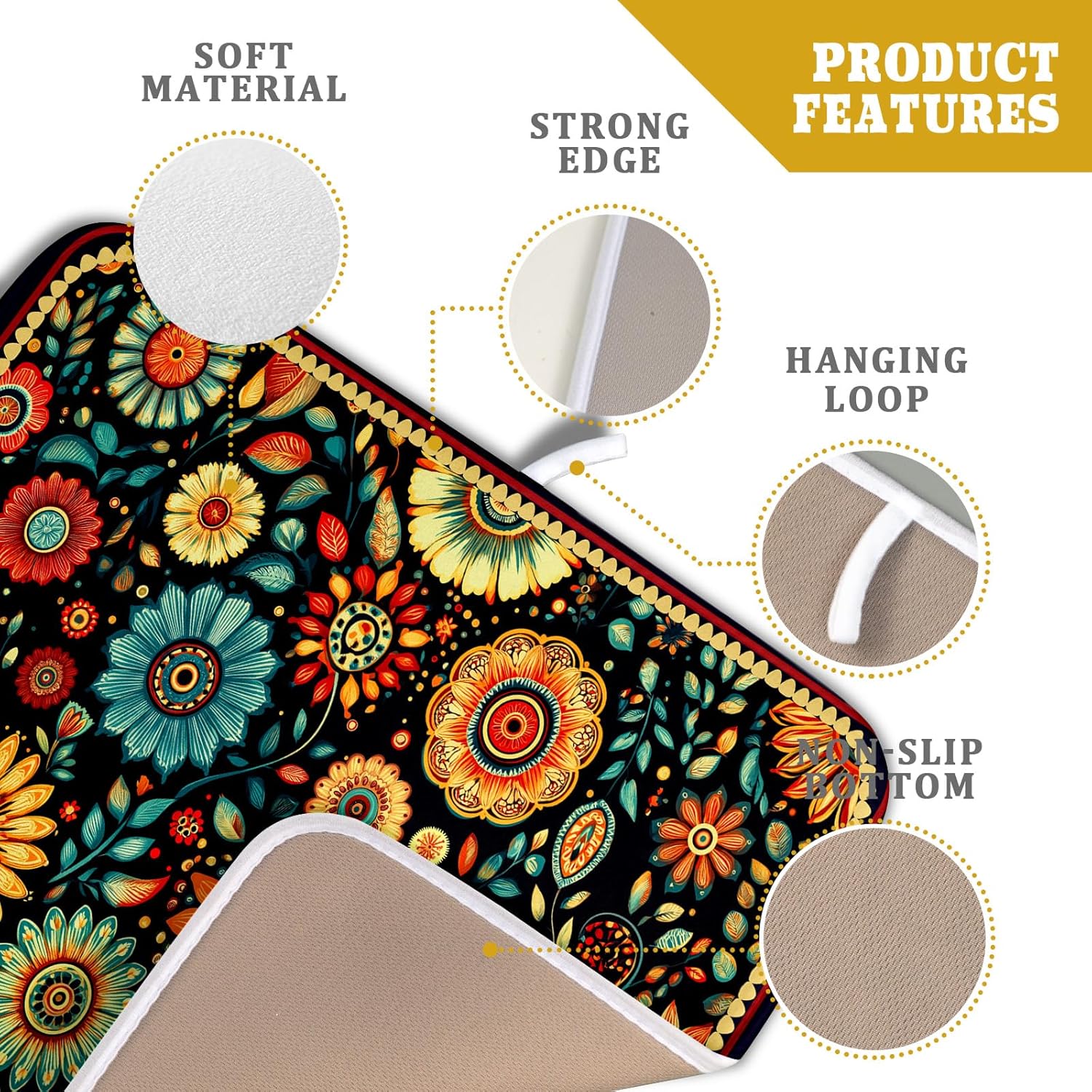 Bohemian Style Flowers Drying Pad Boho Floral Dish Drying Mat for Kitchen Counter Absorbent Microfiber Drainer Rack Mat