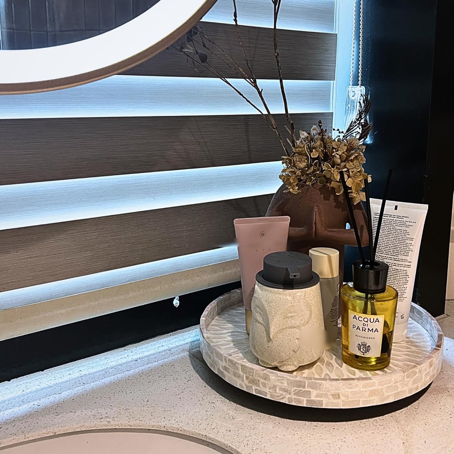 12.5" Lazy Susan for Table Top – Mother of Pearl Spinning Turntable Serving Tray, Marble Lazy Susan Organizer for Dining Table Centerpiece, Kitchen Island Decor, Bathroom Counter, Outdoor Use (White)