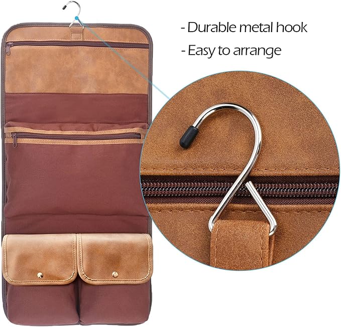 Hanging Toiletry Bag for Men Leather Bathroom and Shower Organizer Travel Makeup Accessories kit Great Gift
