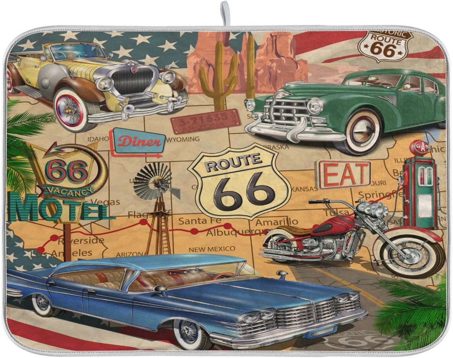 senya Super Absorbent Dish Drying Mat, Microfiber Fast-Drying Dish Mat, 24'' x 18'', Kitchen Dish Drying Pad, Retro Route 66 Poster, (g289343280p523c558s1114)