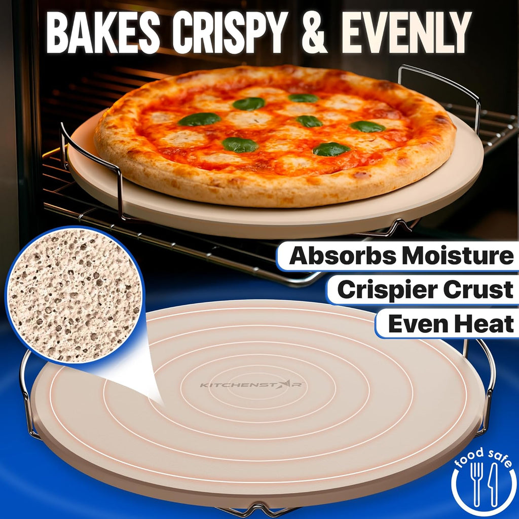 KitchenStar 16-inch Pizza Stone for Oven and BBQ Grill with Handles, Round, 5/8" Thick - Natural Cordierite, 1800 °F Resistant, Baking Stone Set with Stainless Steel Rack & Plastic Scraper Tool