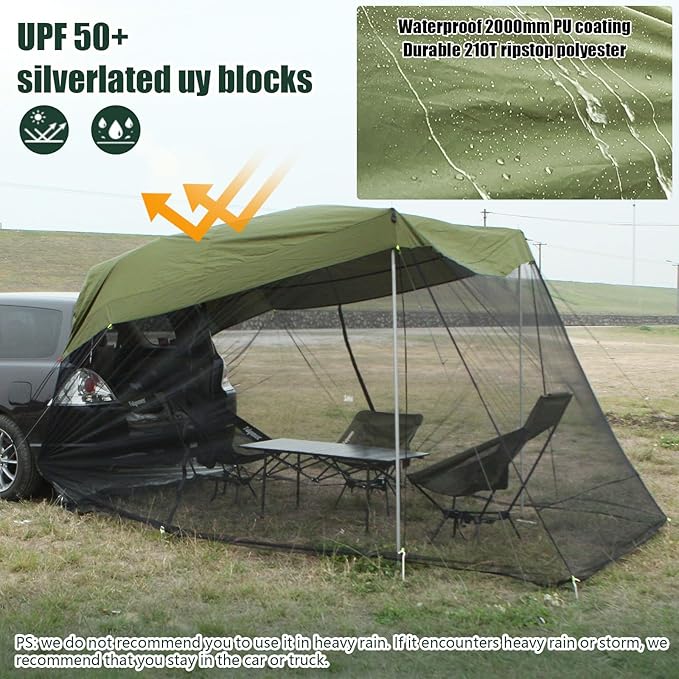 SUV Tailgate Tent - Car Awning with Mosquito Net, Ventilation & Airflow Design - 9.5FT X 6.5FT X 6.5FT (LxWxH) Army Green