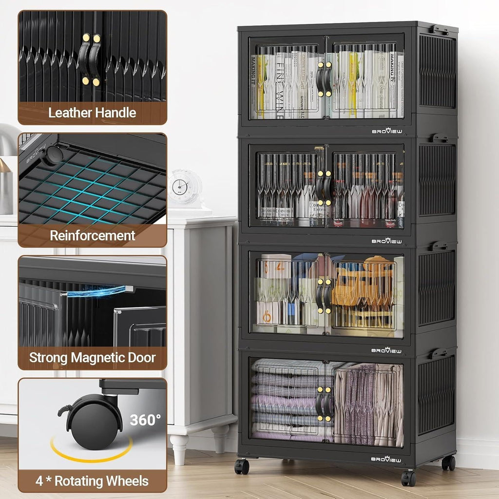 240Qt Stackable Storage Bins with Lid, Extra Large Closet Organizer Collapsible Drawer Boxes with Wheels, Folding Plastic Cabinet Containers for Home Kitchen Room Organization, 3Pack Black