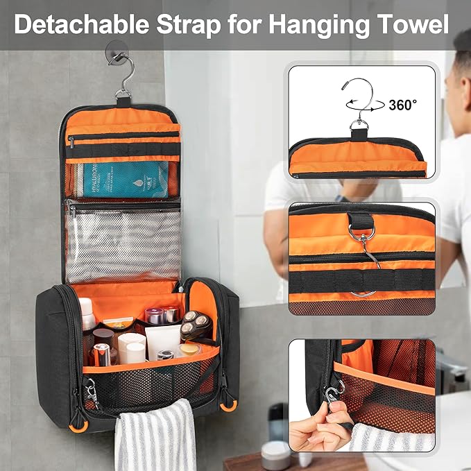 Tactical Toiletry Travel Bag for Men, Hanging Dopp Kit Hygiene Bag Shower Organizer with Hook for Toiletries and Shaving Care, Black (Empty Bag)